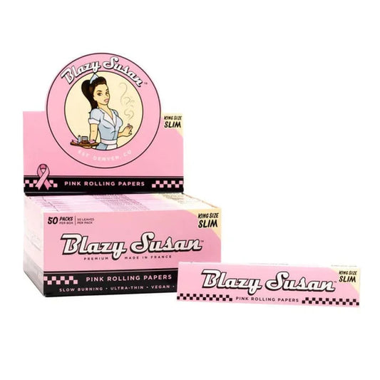 Blazy Susan King Size rolling papers 50ct box featuring slow burning ultra-thin pink papers made from premium wood pulp