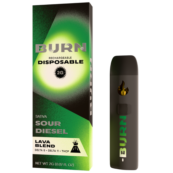 Burn Hemp Lava Blend Sour Diesel disposable 2g Sativa with pungent citrus diesel flavor and energizing mental uplift