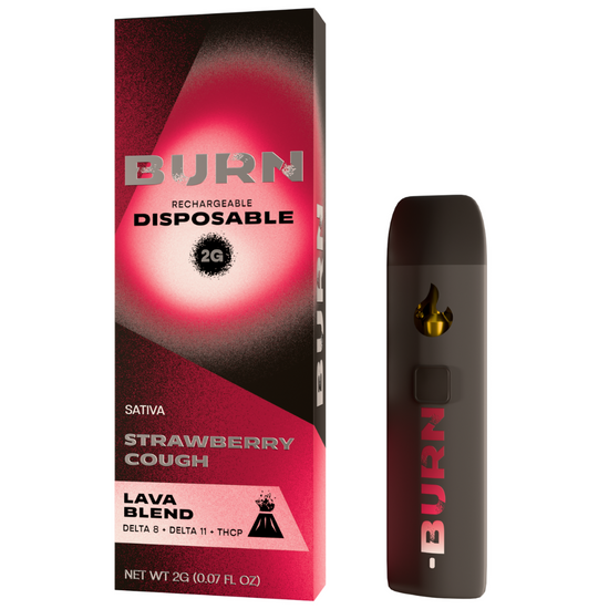 Burn Hemp Lava Blend Strawberry Cough disposable 2g Sativa with sweet strawberry flavor and clear-headed cerebral effects