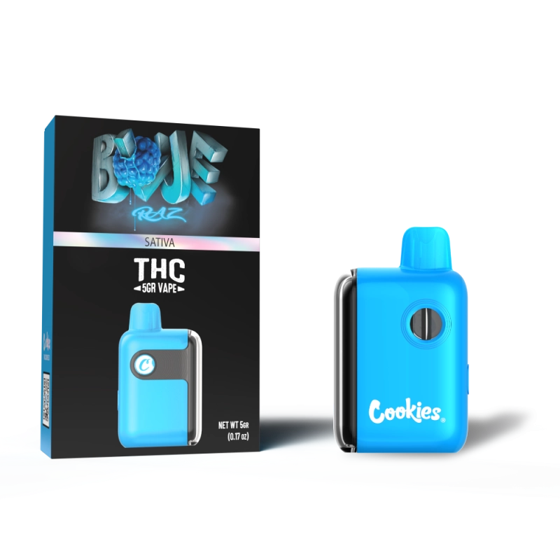 Cookies THC-A Blue Razz disposable 5G Sativa with tangy blue raspberry flavor and vibrant mental stimulation