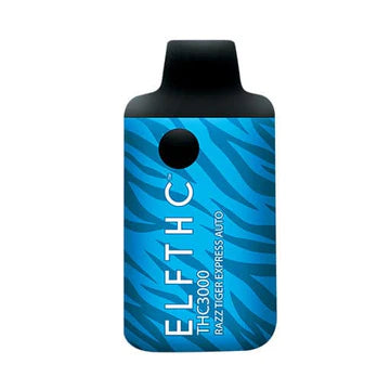 ELF THC THC3000 Disposable Vape in Razz Tiger Express Auto flavor – a hybrid/sativa strain blending raspberry flavors with uplifting effects