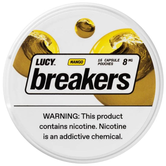 Lucy Breakers nicotine pouches in Mango flavor, featuring a sweet and tropical mango taste with a juicy finish
