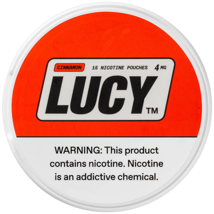 Lucy nicotine pouches in Cinnamon flavor, featuring a warm and spicy cinnamon kick with a smooth finish