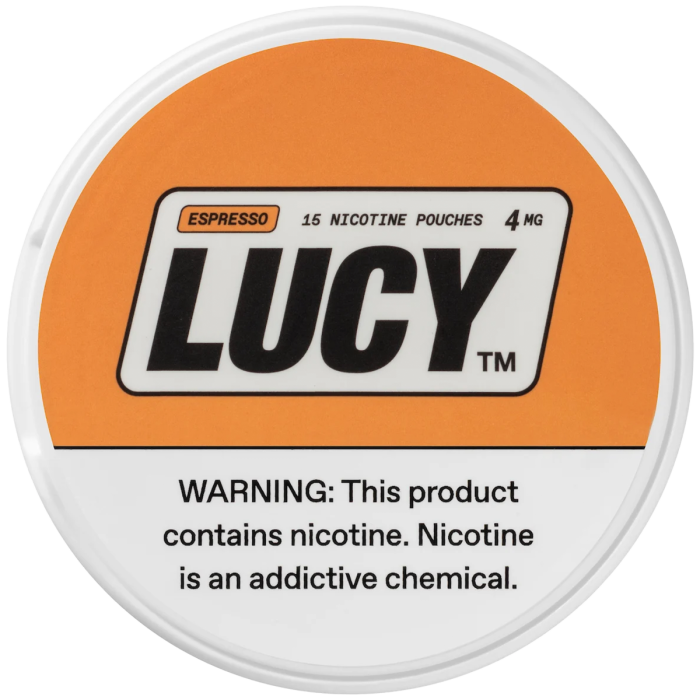 Lucy nicotine pouches in Espresso flavor, offering a bold and rich coffee taste with deep roasted notes