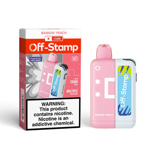 Off-Stamp X-Cube 25K Kit Bangin' Peach with juicy peach flavor and smooth fruity satisfaction