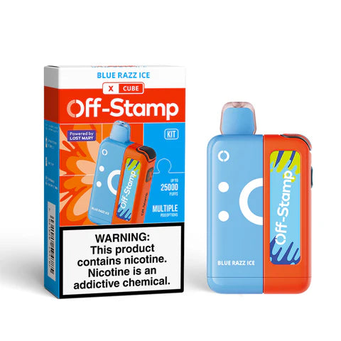 Off-Stamp X-Cube 25K Kit Blue Razz Ice with tangy blue raspberry flavor and icy menthol finish
