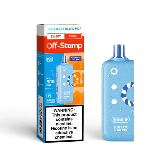Off-Stamp X-Cube Replacement Pod 25K Blue Razz Blow Pop with adjustable sweetness and tangy candy blue raspberry flavor
