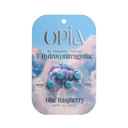 Opia Blue Raspberry 7-Hydroxymitragynine chewable tablets with tangy berry flavor and potent kratom alkaloids