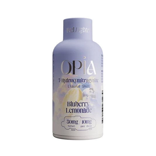 Opia Blueberry Lemonade 7-Hydroxymitragynine liquid shot with tangy lemonade and sweet blueberry flavor