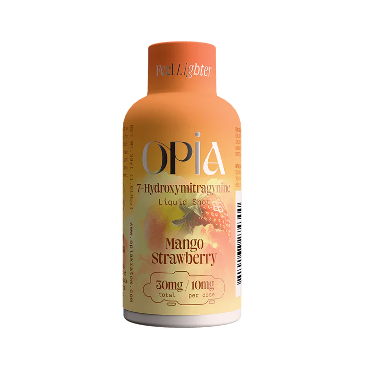 Opia Mango Strawberry 7-Hydroxymitragynine liquid shot with tropical mango and ripe strawberry taste