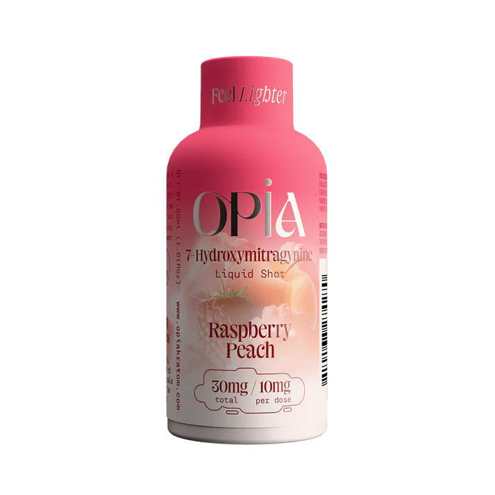 Opia Raspberry Peach 7-Hydroxymitragynine liquid shot with tart raspberry and smooth peach blend