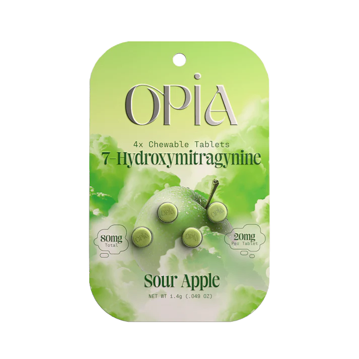 Opia Sour Apple 7-Hydroxymitragynine chewable tablets with tart green apple flavor and pure alkaloid delivery