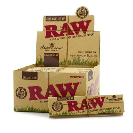 Raw Organic Hemp Connoisseur King Size Slim rolling papers with tips 24ct box crafted from organic hemp for a pure natural smoking experience