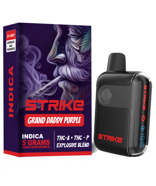 Strike THC-A Grand Daddy Purple Explosive Blend 5G Indica with sweet grape and berry flavor and deeply relaxing effects