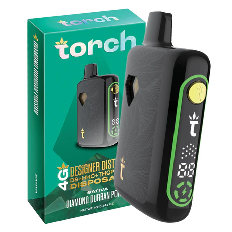Torch Designer Distillate in Diamond Durban Poison, offering a citrusy and piney aroma with an energizing sativa kick