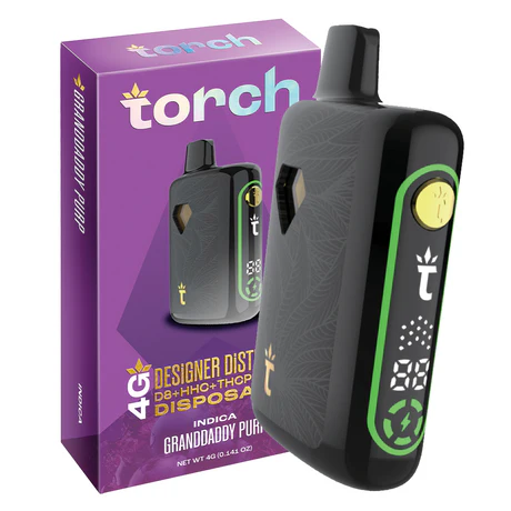 Torch Designer Distillate in Granddaddy Purp, featuring rich grape and berry flavors with soothing indica effects