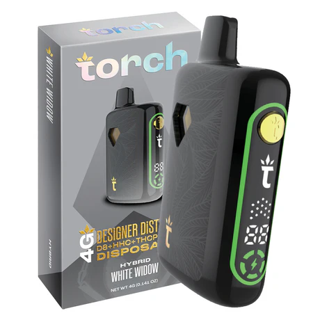Torch Designer Distillate in White Widow, offering a balanced mix of earthy pine and citrus notes with a potent hybrid experience