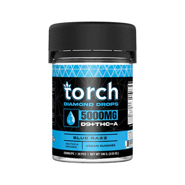 Torch Diamond Drop Blue Razz gummies 5000mg THC-A with tangy blue raspberry flavor and uplifting full spectrum effects