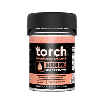 Torch Diamond Drop Peach Passion gummies 5000mg THC-A with juicy peach and tangy passionfruit flavor and strong THC-A effects