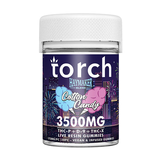 Torch Haymaker Cotton Candy gummies 3500mg with sweet carnival candy flavor and smooth euphoric kick