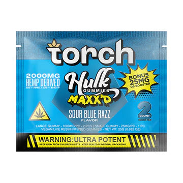 Torch Hulk Maxx'd Sour Blue Razz gummies 2000mg with tangy blue raspberry candy flavor and strong effects