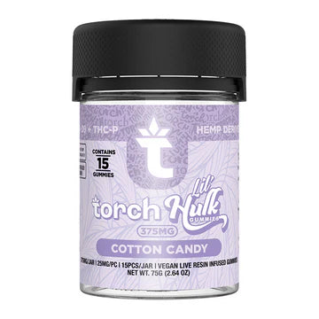 Torch Lil' Hulk Cotton Candy gummies 375g with sweet carnival sugar flavor and powerful cannabinoid blend