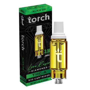 Torch Live Resin Diamonds Alien OG THC-A Cartridge featuring an earthy, citrusy hybrid with deep relaxation effects