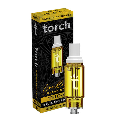 Torch Live Resin Diamonds Banana Pancakes THC-A Cartridge with a sweet, buttery banana flavor and smooth exhale