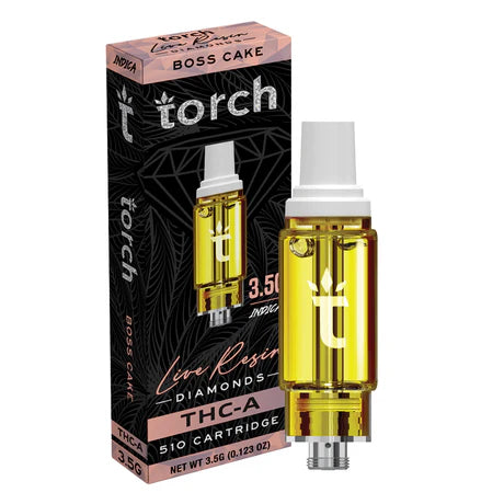 Torch Live Resin Diamonds Boss Cake THC-A Cartridge featuring a rich, creamy vanilla cake flavor with a potent kick