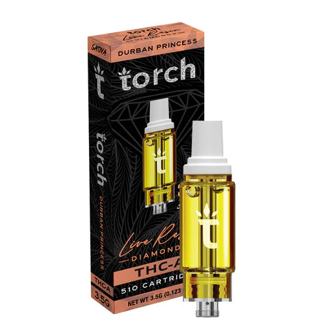 Torch Live Resin Diamonds Durban Princess THC-A Cartridge with a spicy, earthy flavor and a cerebral uplift