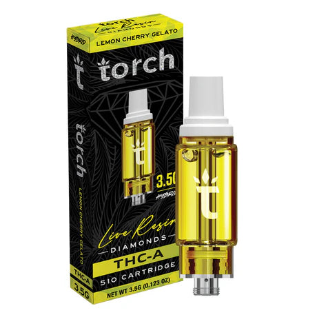 Torch Live Resin Diamonds Lemon Cherry Gelato THC-A Cartridge offering a tangy citrus and sweet cherry dessert taste