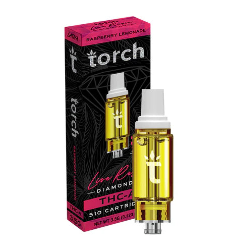 Torch Live Resin Diamonds Raspberry Lemonade THC-A Cartridge featuring a refreshing blend of tart raspberry and zesty lemon