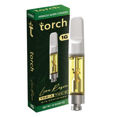 Torch Live Resin THC-A Miracle Alien Cookies Cartridge with a citrusy, sweet aroma and a balanced hybrid effect