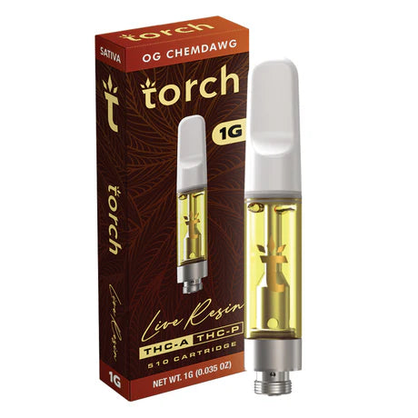 Torch Live Resin THC-A OG Chemdawg Cartridge featuring a pungent diesel aroma and heavy-hitting relaxation