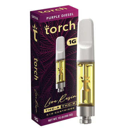 Torch Live Resin THC-A Purple Diesel Cartridge offering a bold grape and fuel-like taste with energizing effects