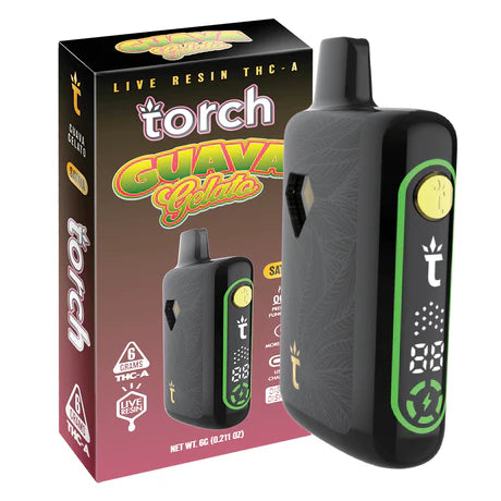 Torch Pulse Live Resin THC-A 6g in Guava Gelato strain offering a creamy and exotic guava taste with sweet dessert-like undertones