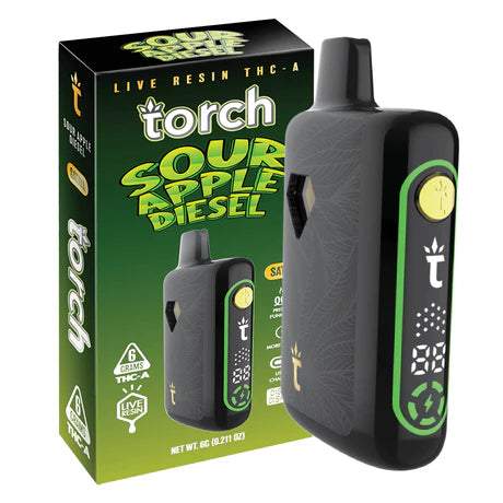 Torch Pulse Live Resin THC-A 6g in Sour Apple Diesel strain offering a crisp green apple tang with a classic diesel aroma