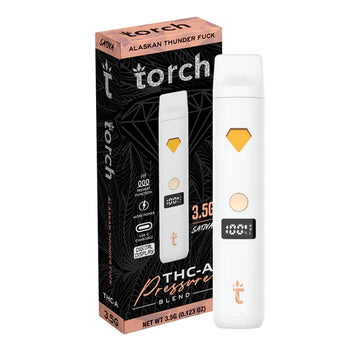 Torch THC-A Pressure 3.5g in Alaskan Thunder Fu*k strain featuring a potent and uplifting sativa with earthy, citrus, and pine flavors