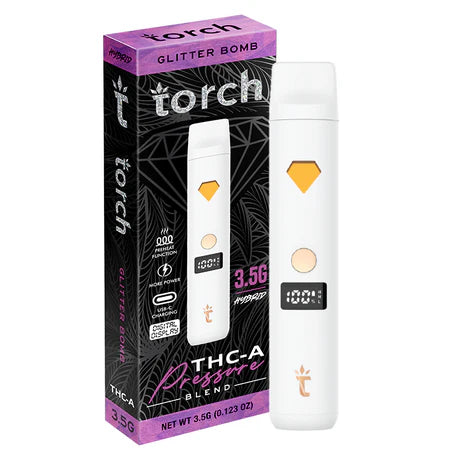 Torch THC-A Pressure 3.5g in Glitter Bomb strain featuring a sparkling mix of fruity and floral notes with a balanced hybrid effect