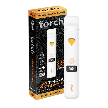 Torch THC-A Pressure 3.5g in Mango Orange Runtz strain featuring a sweet and citrusy blend of ripe mango and juicy orange with candy-like undertones