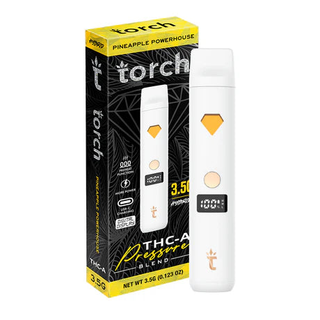Torch THC-A Pressure 3.5g in Pineapple Powerhouse strain offering a bold tropical pineapple burst with a powerful uplifting effect