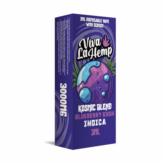 Viva La Hemp Kosmic Blend Blueberry Kush disposable vape 3ML Indica with deep blueberry flavor and relaxing full body high