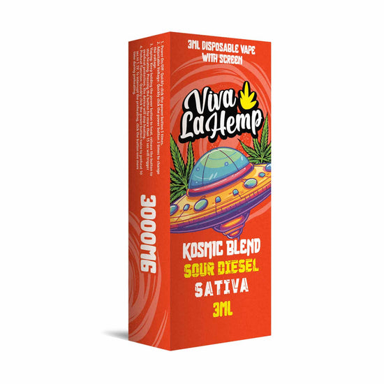 Viva La Hemp Kosmic Blend Sour Diesel disposable vape 3ML Sativa with pungent citrus fuel flavor and uplifting cerebral buzz