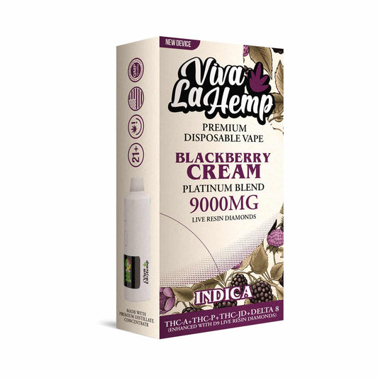 Viva La Hemp Platinum Blend Blackberry Cream disposable vape 9g Indica with smooth berry cream flavor and full body sedation