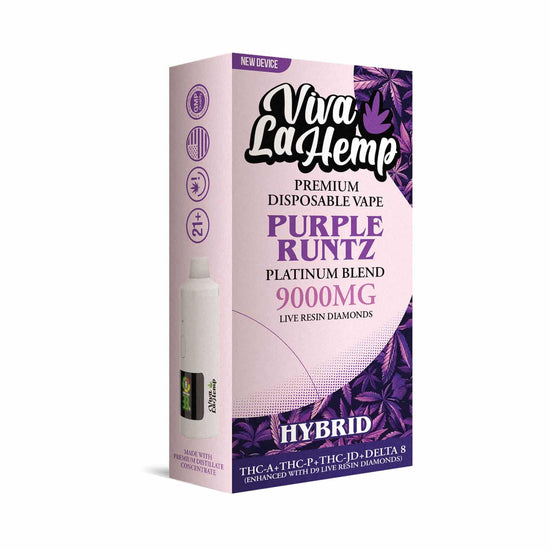 Viva La Hemp Platinum Blend Purple Runtz disposable vape 9g Hybrid with sweet candy grape flavor and euphoric body buzz