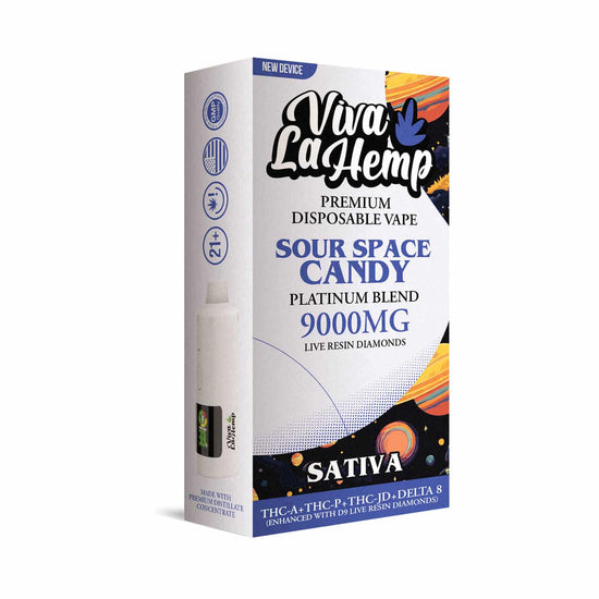 Viva La Hemp Platinum Blend Sour Space Candy disposable vape 9g Sativa with tangy citrus flavor and focused daytime effects