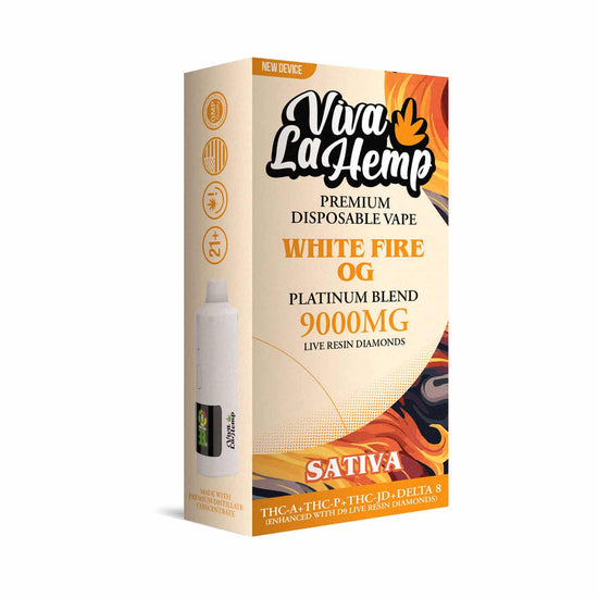 Viva La Hemp Platinum Blend White Fire OG disposable vape 9g Sativa with earthy gas flavor and stimulating head high