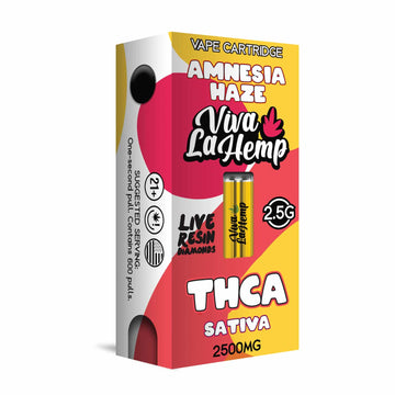 Viva La Hemp THC-A Amnesia Haze diamonds cartridge 2.5G with citrusy haze flavor and uplifting cerebral effects