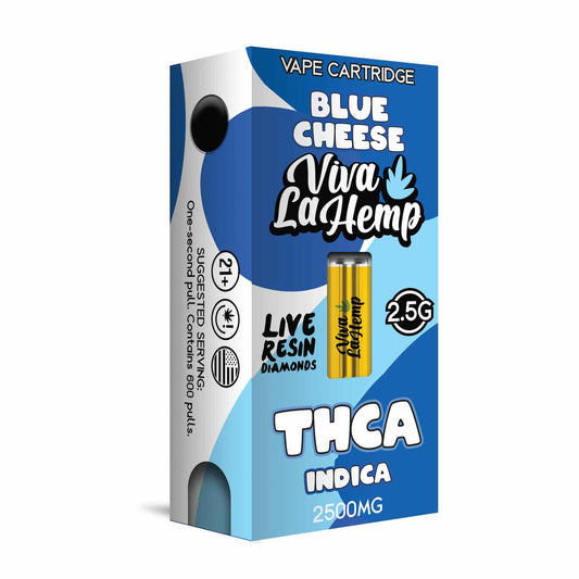 Viva La Hemp THC-A Blue Cheese diamonds cartridge 2.5G with pungent blueberry and earthy cheese flavor for heavy relaxation