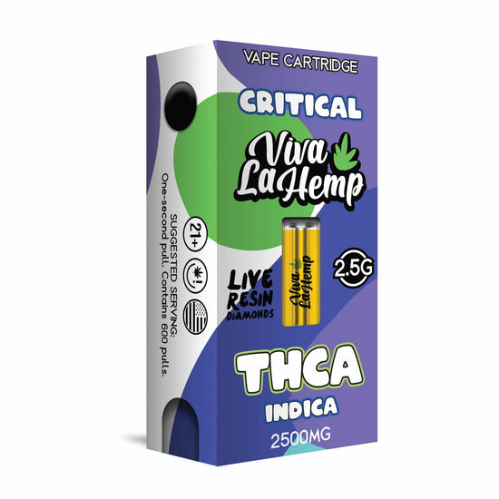 Viva La Hemp THC-A Critical diamonds cartridge 2.5G with herbal citrus notes and deeply calming body high